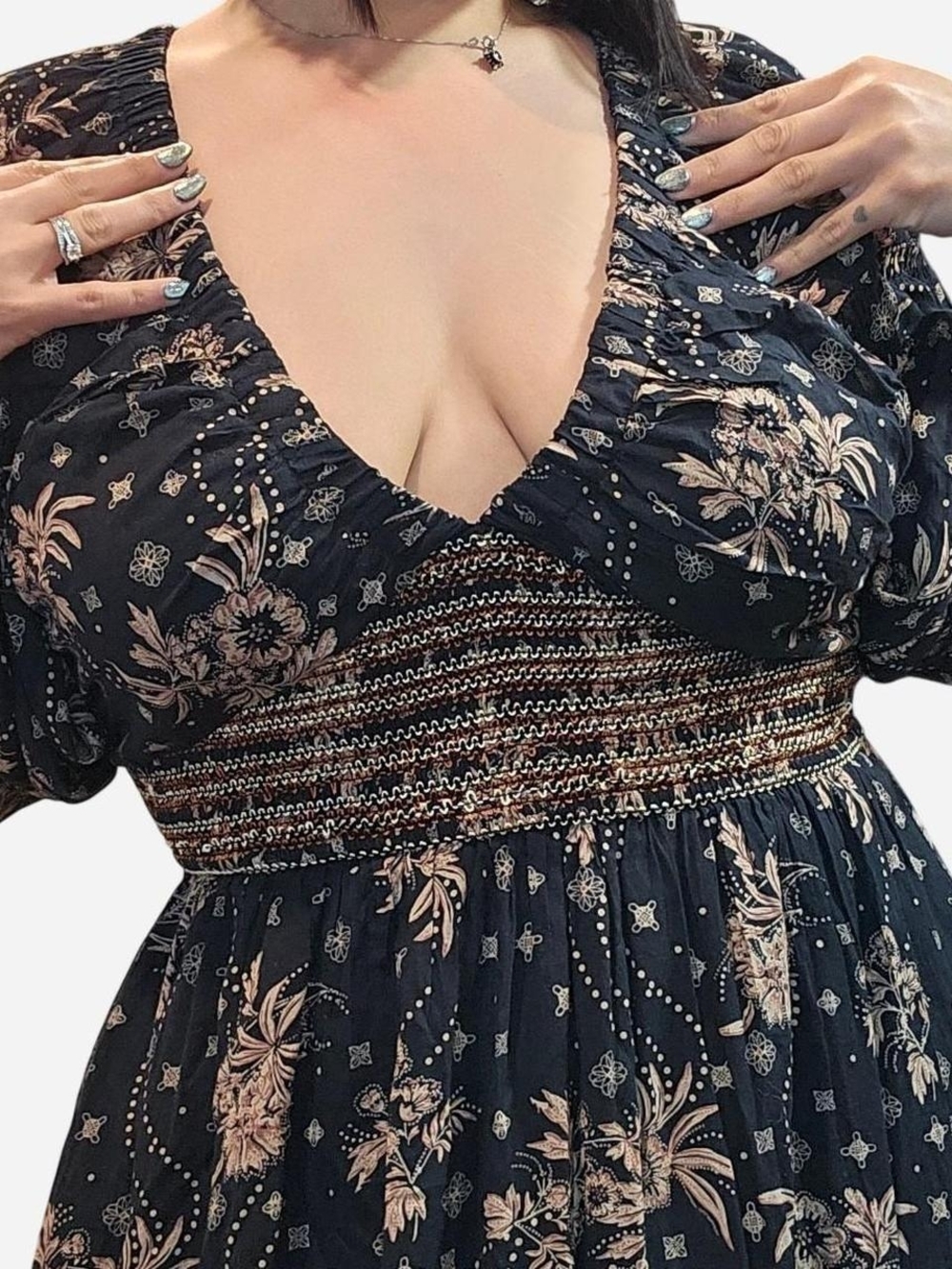 Free People Black Maxi Dress Boho Floral Print Smocked Waistline & Pockets-Large - Picture 6 of 7